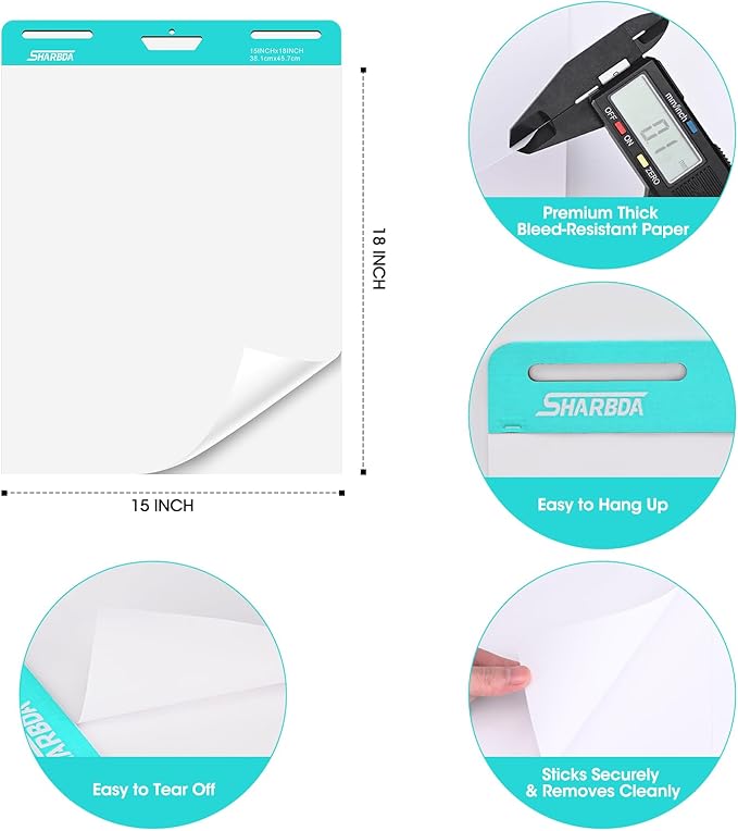 SHARBDA Sticky Mini Easel Pad, 15 x 18 Inches, Self Stick Flip Chart Paper,Sticky Chart Paper for Teachers, Anchor Chart Paper for Office, 30 Sheets/Pad,6 Pads