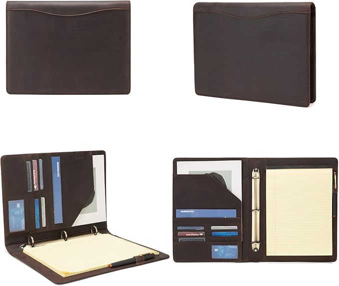 Geslun Genuine Leather 3 Ring Binder, 8.5 x 11 Letter Size Folio with Pen Holder, Soft Notebook Portfolio Cover, Slim Notepad Padfolio Thin File Organizer for Work Executive Meeting, Dark Brown