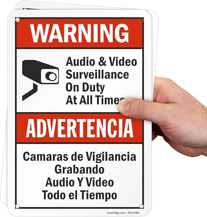 SmartSign 2-Pack 'Warning Audio And Video Surveillance On Duty At All Times' Bilingual Sign - 7" x 10", 40 mil Laminated Rustproof Aluminum Metal, Red, Black and White, Fade-Resistant, Made in USA