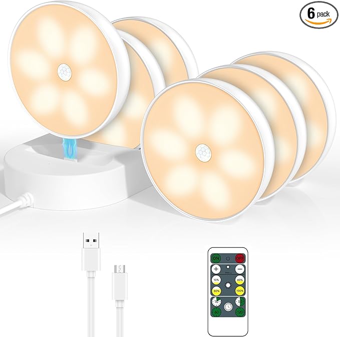 LED Closet Lights Motion Sensor Puck Light with Charge Station, USB Rechargeable Battery Operated Puck Step Lights, Dimmable Under Cabinet Lighting for Counter Wardrobe Kitchen (6 Pack)