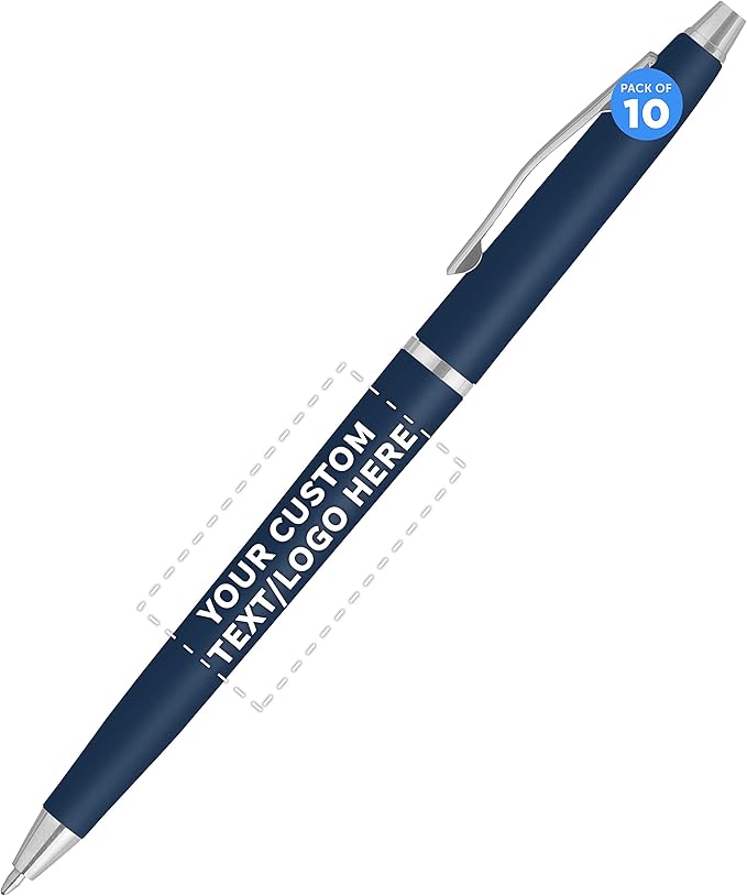 DISCOUNT PROMOS Custom Langham Ballpoint Pens Set of 10, Personalized Bulk Pack - Black Ink, Great for Office, School, Business, Tradeshows - Navy Blue