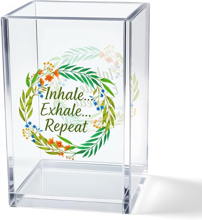 Vgrti Inhale Exhale Repeat Acrylic Cosmetic Pencil Pen Holder Cup, Inspirational Desk Organizer Accessories for Home Office Meditation Room Decor, Motivational Gifts for Women Girl Yoga Lover Coworker