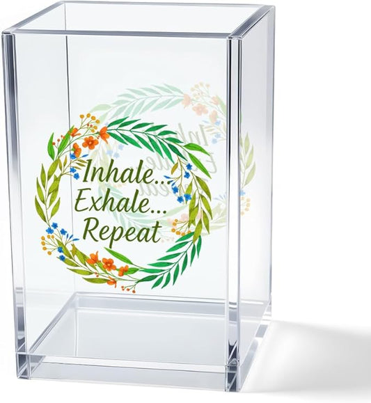 Vgrti Inhale Exhale Repeat Acrylic Cosmetic Pencil Pen Holder Cup, Inspirational Desk Organizer Accessories for Home Office Meditation Room Decor, Motivational Gifts for Women Girl Yoga Lover Coworker
