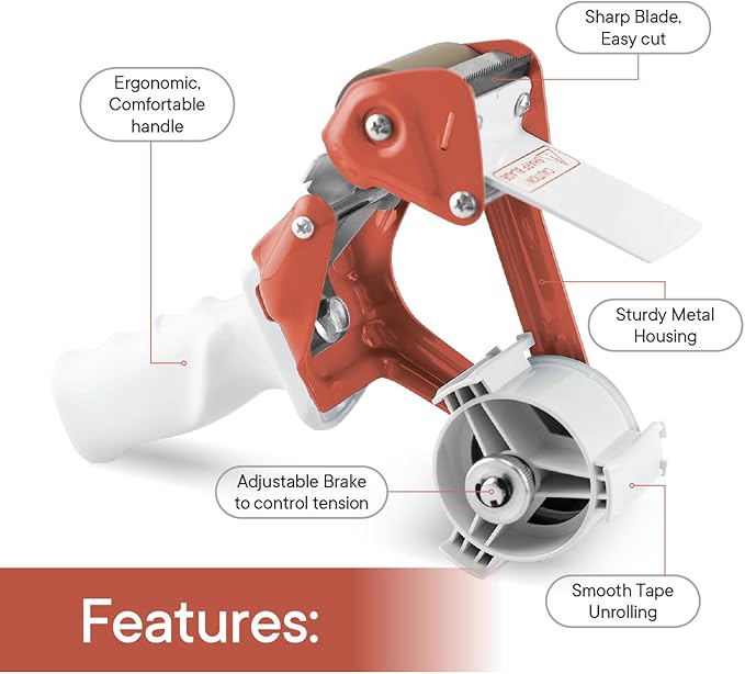 TAPEWELL Heavy Duty Metal Frame Orange Packing Tape Dispenser 3 Inch Core with Special Ergonomic Handle, Tape Gun for Packing Boxes with Premium Tempered Steel Blade - for 2 inch Wide Roll