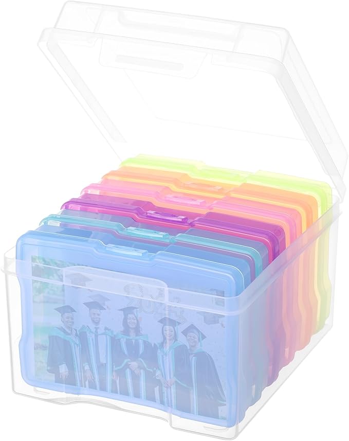 COSICS Photo Storage Box 5" x 7", Extra Large Transparent Plastic Photo Organizer Craft Keeper with 6 Colorful Inner Case for Cards, Pictures, Stamps, Stickers, Seeds, Office Supplies
