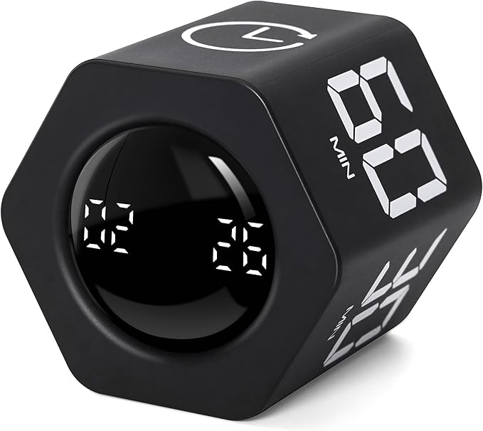 Exlliy Productivity Timer 1, 5, 10, 30, 60 Minutes Preset, Desk Cube Timer with Gravity Sensor/Mute/Vibration for ADHD, Work, Study, Kitchen, Back to School (1, Black)
