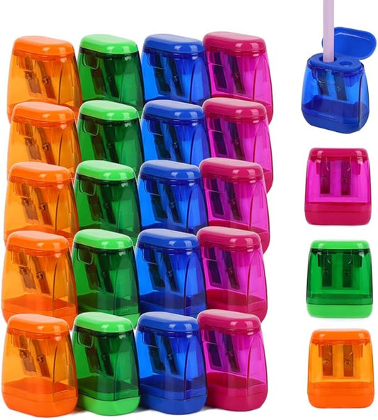 Colored Manual Pencil Sharpeners in Bulk, BOPART 24pcs Small Handheld Pencil Sharpener Dual Holes with Lid for Kids Adults at Classroom School Office Home (24Pcs Sharpeners - D)
