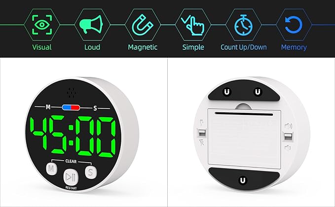 Large LED Digital Timer, Magnetic Countdown Loud Timer for Kitchen Cooking, Classroom Whiteboard, Kids, Toddler, Game, Productivity, Focus, Work, Task, Office, Meeting – Small, Simple, Visual, Green