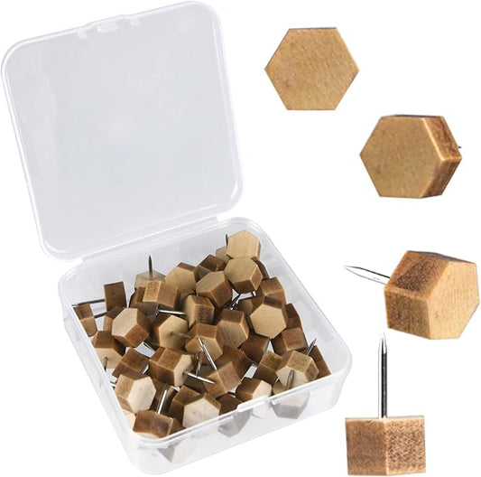 Decorative Push Pins,Wooden Push Pins for Cork Board,Thumb Tacks for Cork Board Hexagon (50)