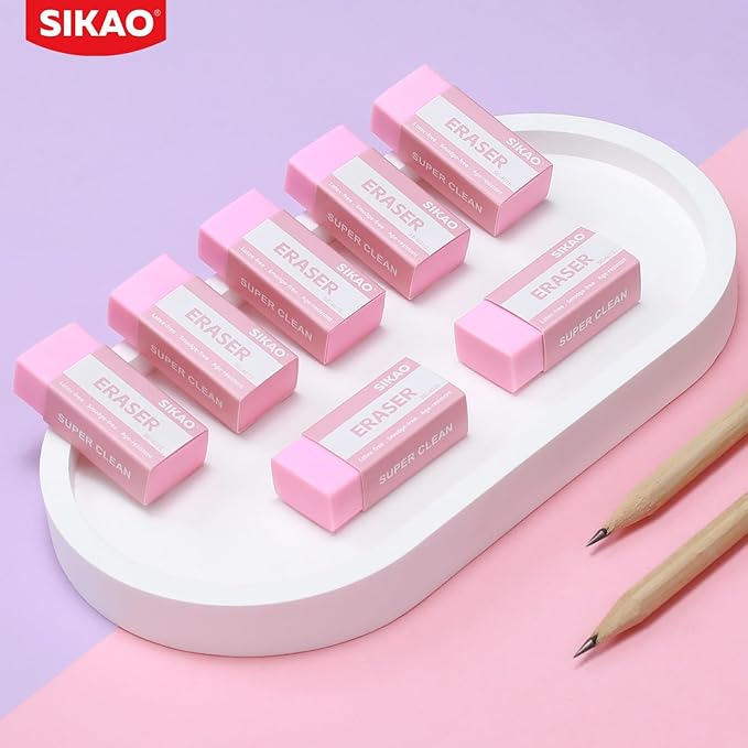 SIKAO Pink Erasers, 6 Pack Block Pencil Erasers – Smudge-Free Latex-Free Cute Erasers for Kids & Girls, School Supplies, Clean Erase for Homework, Journaling & Drawing