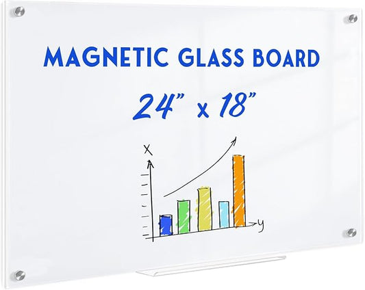 Magnetic Glass Whiteboard, 24" x 18" Dry Erase Board for Wall, Frameless White Board with 1 Marker Tray and 3 Magnets for Office, Home, Classroom -Ultra White