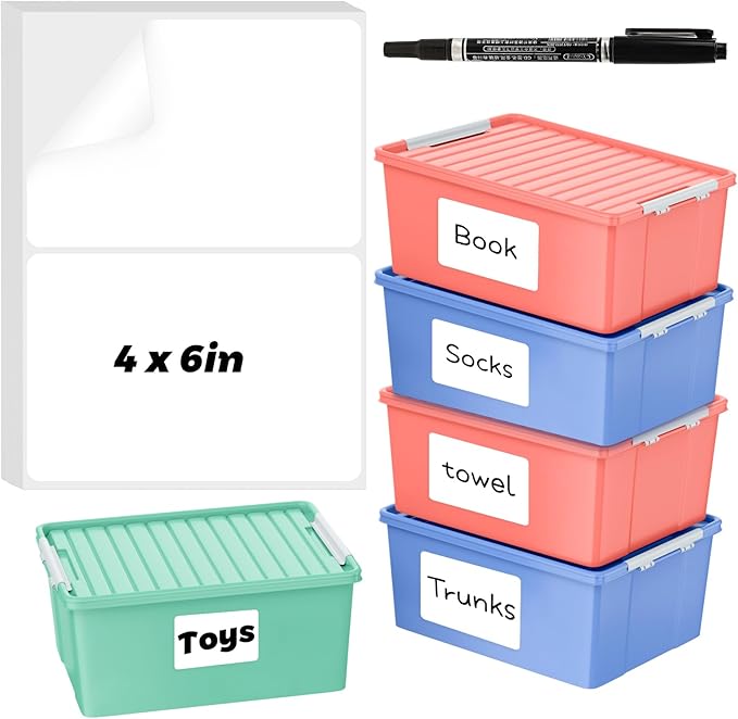 200 Pcs Labels for Storage Bins, 6 x 4 inch Large Label Stickers with 1 Double-Ended Marker Pen Removable Labels Adhesive Moving Labels Blank Labels Tear Resistant No Residue for School Business Home