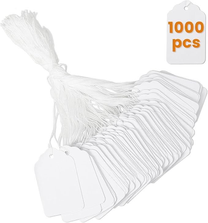 1000 PCS White Price Tags with String Attached, 1.75 x 1.1 Inches, Goefun Writable Label Strung Marking Tags for Pricing, Hanging, Clothing, Jewelry, Garage/Yard Sale, 250 GSM