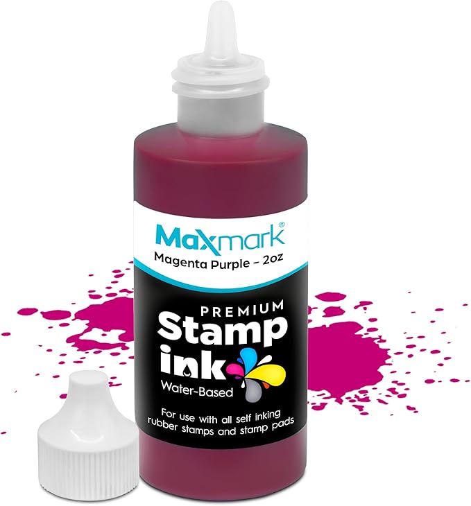 MaxMark Premium Refill Ink with Control Tip Bottle for Self-Inking Stamps, Magenta Purple Color - 2 oz.