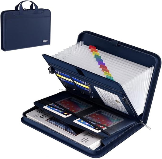 Fireproof & Waterproof Accordion File Organizer – Fireproof File Folder with Handle, 13-Pocket Expanding Paperwork Organizer for A4/Letter Documents, Travel File Storage (Blue)