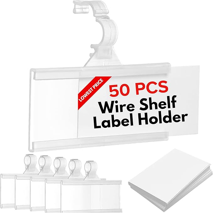 Plastic Wire Shelf Label Holder, Reusable Shelf Tags for Pantry Retail Store, Supermarket UPC Price Card & Ticket Display, Strong & Easy Clip Design Tight Snap Lock Closure. 1-1/4" H X 3" W (50)