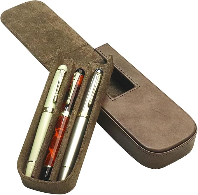 MIVLXLX Leather Triple Pen Case Pencil Pouch Holder for Three Fountain Ballpoint Rollerball Pens and Pencils Gift Choice for Man/Woman/Office (gray)