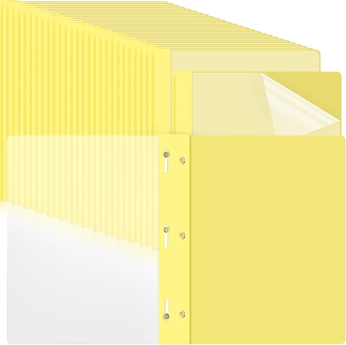 Feifeiya 48 Pack Plastic Report Covers with 3 Prongs Presentation Folders Bulk, 100 Sheet Capacity, Clear Front Report Covers for Presentation Document Paper School Office Supplies (Yellow)