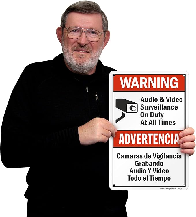 SmartSign 18 x 12 inch “Warning - Audio & Video Surveillance On Duty At All Times” Bilingual Sign, Digitally Printed, 55 mil HDPE Plastic, Red, Black and White, Made in USA