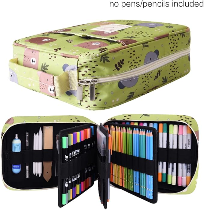 qianshan Pencil Case Holder Slot - Holds 202 Colored Pencils or 136 Gel Pens with Zipper Closure - Large Capacity Pen Organizer for Watercolor Pens or Markers - Perfect for Artist Green Bear