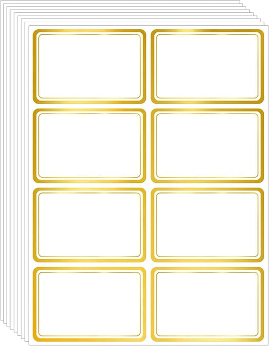 Yeachlaing 2" x 3" 200 PCS Name Labels, Waterproof Blank Name Tag Stickers with Permanent Adhesive Writable Stickers with Metallic Gold Border for School Office Home