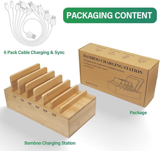 LEOKKARR Bamboo Charging Station for Multiple Devices, Desk Docking Stations Organizer Compatible with iPhone Devices, Wood Charging Cell Phone Holder Stand (Includes 6 Cables) (NO Power Supply)