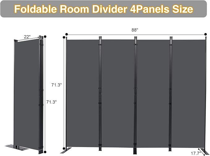CHOSENM Wall Divider, 4 Panel Room dividers and Folding Privacy Screens with Wider Support Feet, 6 Ft Portable Privacy Screen for Room Separator, 88" W X 71" H, Grey