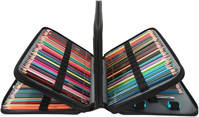 Vomgomfom Colored Pencil Case - Large Capacity PU Leather Pencil Holder with Zipper Closure for 300 Colored Pencils or 200 Gel Pens, Artist Pencil Case Organizer (Black)