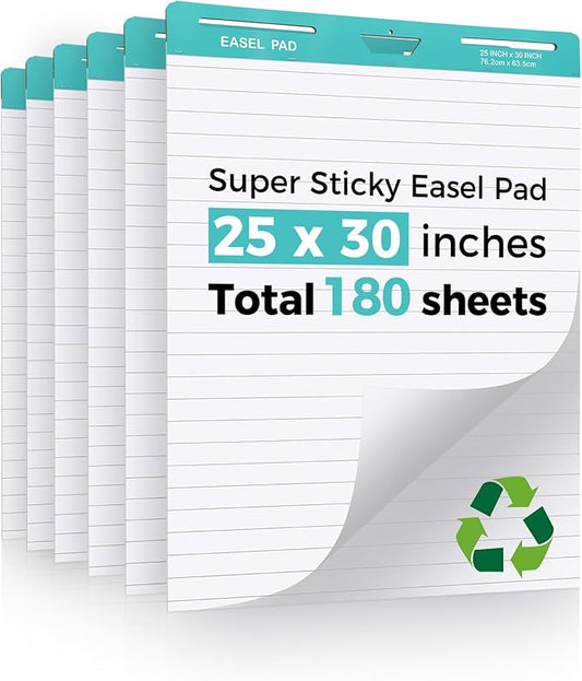 FAHKNS Lined Sticky Easel Pad，Large 25x30 Inch Self-Adhesive Teacher'S Flip Chart Paper, Easel Pad with Dry Erase Surface for Classroom/Office, White, 30 Sheets/Pad, 6 Pads/Pack