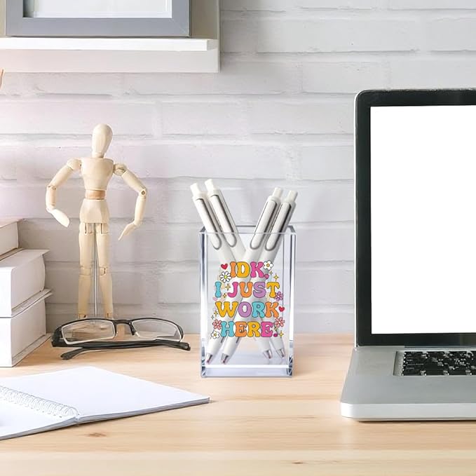 Vgrti IDK I Just Work Here Acrylic Cosmetic Pencil Pen Holder Cup, Sarcastic Office Pen Holder for Desk, Funny Work Burnout Gifts for Coworker Friend, Thank You Gifts for Women Colleague Teacher