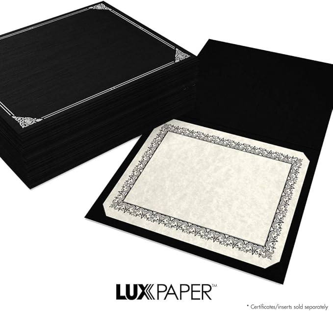 LUXPaper 9.5" x 12" Certificate Holders | Black Linen | Embossed Silver Foil Floral Border | 100lb. Cover | 250 Qty
