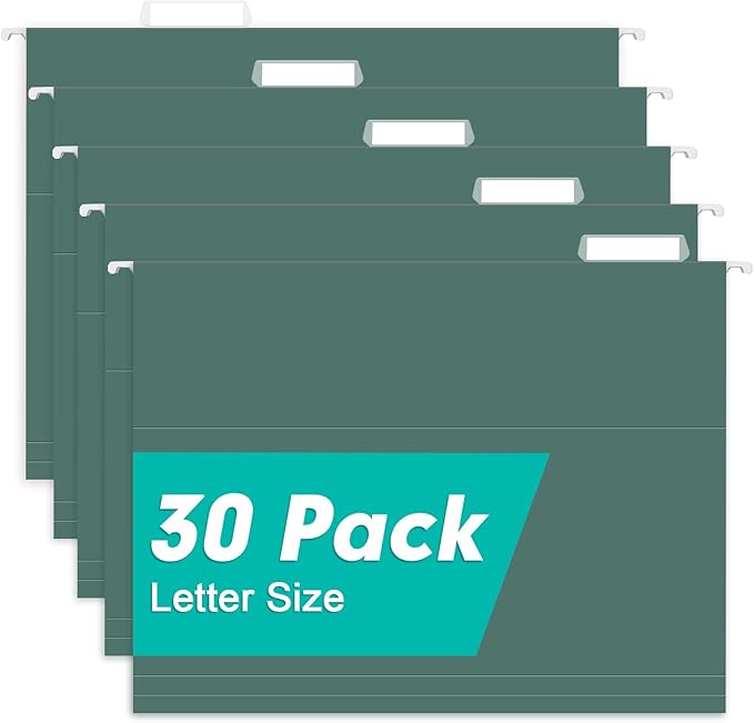 HERKKA Extra Capacity Hanging File Folders, 30 Pack Reinforced Letter Size Hanging Folders with Heavy Duty 0 Inch Expansion, Designed for Bulky Files, Green