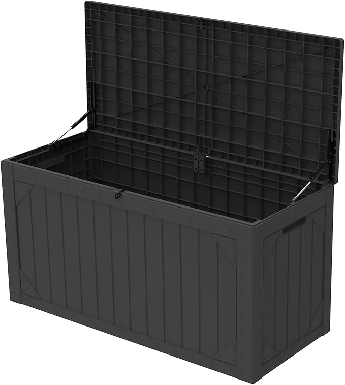 PATIOEASY Outdoor Storage Box 100GAL Waterproof Resin Deck Box,UV-Resistant Lockable Package Delivery Bin for Garden Tools,Large Patio Outside Cushions,Pool Accessories Supplies,Chest,Furniture,Brack