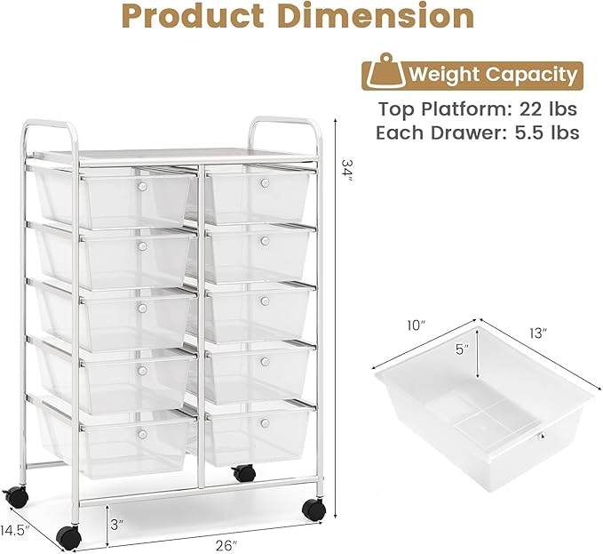 LDAILY 10 Drawer Rolling Cart, Storage Cart Organizer on Wheels, Drawer Cart with Metal Frame & Large Storage Capacity, Rolling Cart with Drawers for Living Room Classroom, Office