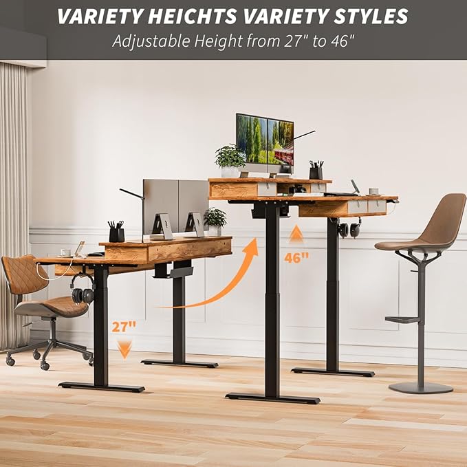 Kingant 63 x 30 Inch Electric Standing Desk with 4 Drawers, Adjustable Height Computer Desk for Home Office, Large Workstation Sit Stand Up Desk with Built-in USB A/C Ports, Light Rustic Brown