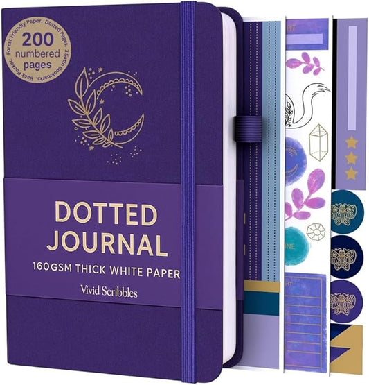 VIVID SCRIBBLES A5 Bullet DOTTED Journal – 160GSM Bleed-Proof Dotted Notebook with 200 Numbered Dot Grid Pages, Lay-Flat Hardcover with Pen Loop & Expandable Pocket (Purple Moon Design)
