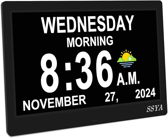 SSYA Dementia Clock for Seniors, Digital Clock with Date and Day of Week, Auto DST, Non-Abbreviated Large Calendar Alarm Clocks (Black)