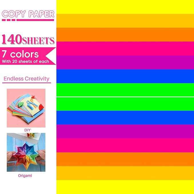 MAGECUBIKU Colored Copy paper 8.5X11 Inches,140 Sheets 20 lb/80GSM 7 Colors Neon Fluorescent Letter Size Printer Multipurpose Paper for Office School Education Daily Printing,Document Copying,Study