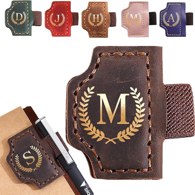 Personalized Mark Bookmark with Pen Holder, Leather Magnetic Book Marker 26 Letters,Custom Initials Page Marks, Gifts for Book Lovers Readers Men Women (Coffee, M)