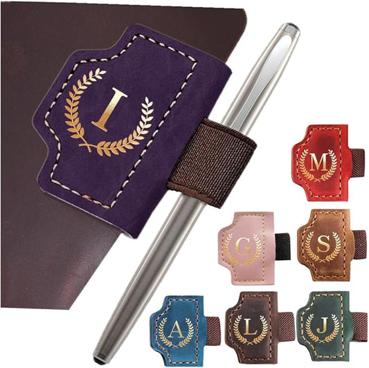 Personalized Mark Bookmark with Pen Holder, Leather Magnetic Book Marker 26 Letters,Custom Initials Page Marks, Gifts for Book Lovers Readers Men Women (Purple, I)