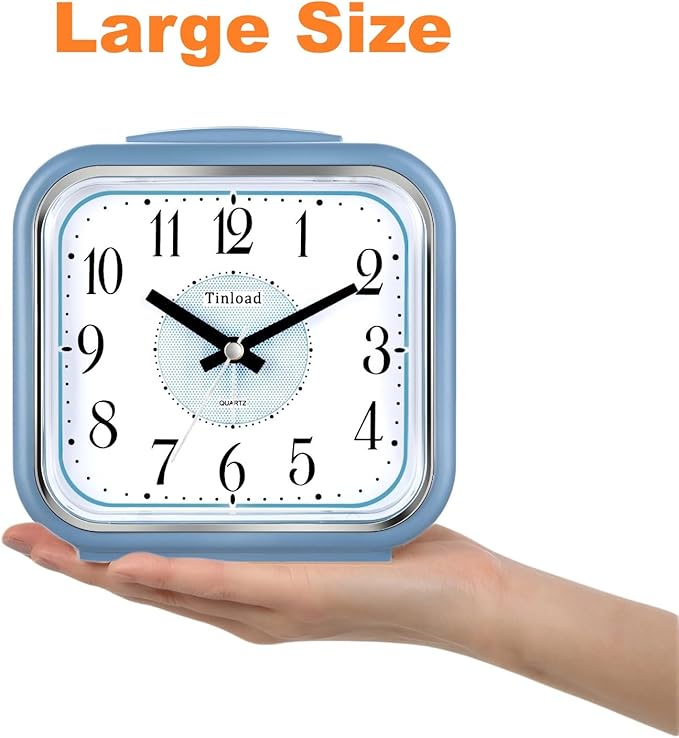Tinload 5.5" Large Analog Alarm Clock Silent Non Ticking, Gentle Wake, Beep Sounds, Increasing Volume, Battery Operated Snooze and Manual Light, Easy Set