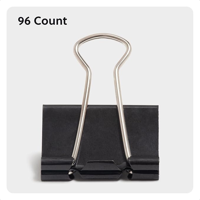 U Brands Binder Clips, Medium 1-1/4" Width, 1/2" Paper Holding Capacity, Black and Silver Steel, 96-Count