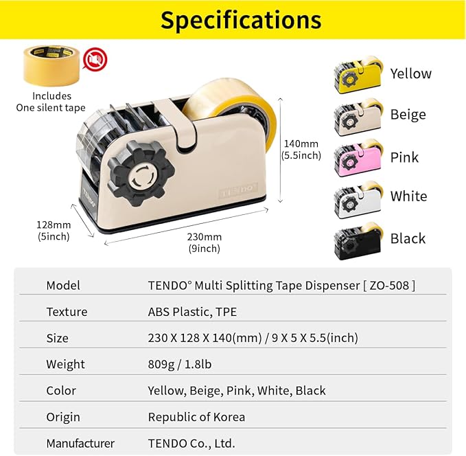 [TENDO°] Multi-Section Tape Dispenser ZO-508: Innovative Cutter for Custom Tape Width (Beige)