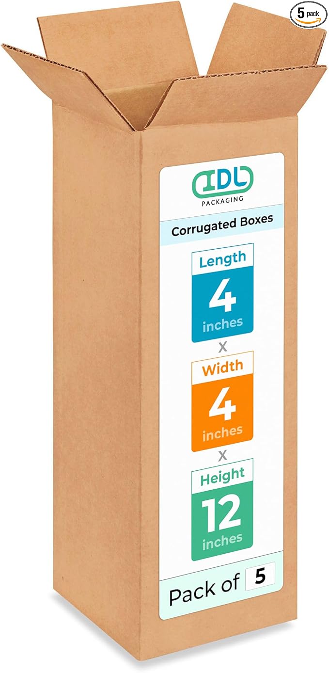 Tall Moving & Shipping Boxes 4 x 4 x 12 inches (5-Pack) - Extra Strength 200 lb vs Regular - Corrugated Moving Boxes for USPS/UPS/FEDEX - Box for Packaging Moving - Shipping Box by IDL Packaging