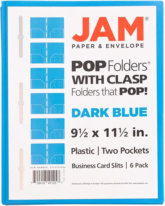 JAM PAPER Plastic Color POP Folders - 2 Pocket Durable Folders with Metal Prongs Fastener Clasps - Blue - 6/Pack