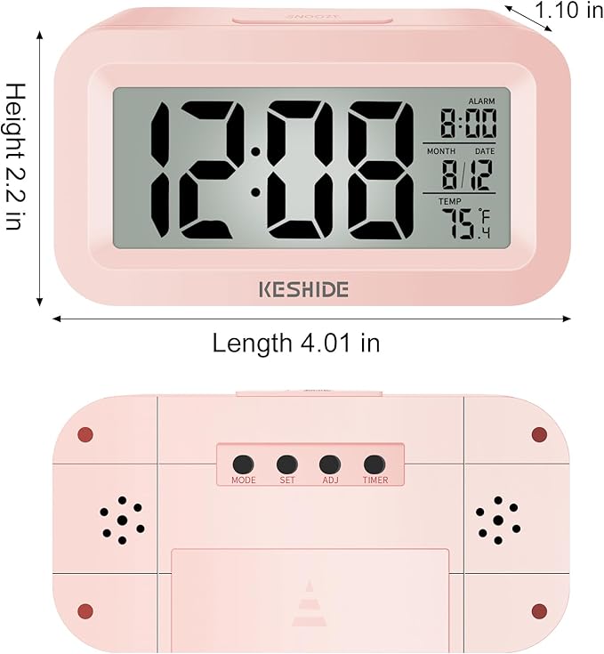 KESHIDE Travel Digital Alarm Clock Battery Operated with Indoor Temperature, Desk Small Clock,Snooze Model,12/24H Display for Bedrooms Heavy Sleepers Kids Travel Bathroom