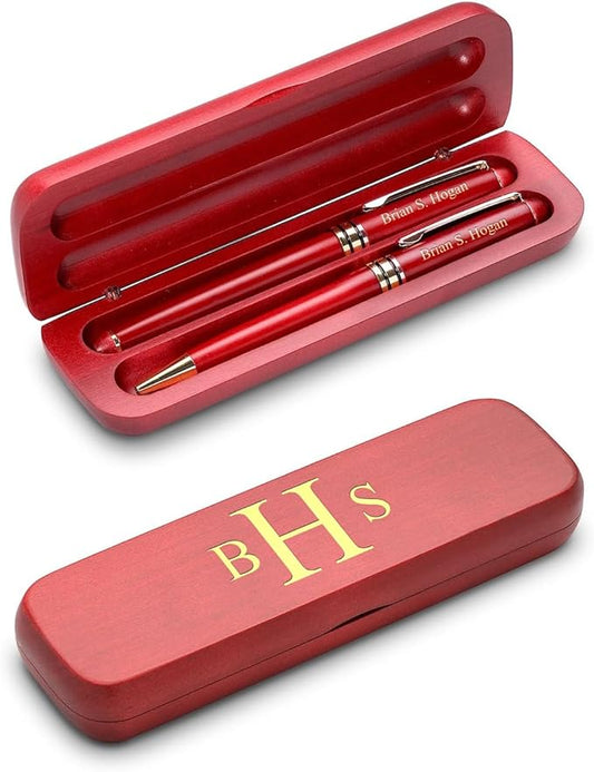 Executive Gift Shoppe | Roman Monogram Personalized Cherry Finish Fountain Pen and Ballpoint Pen Set