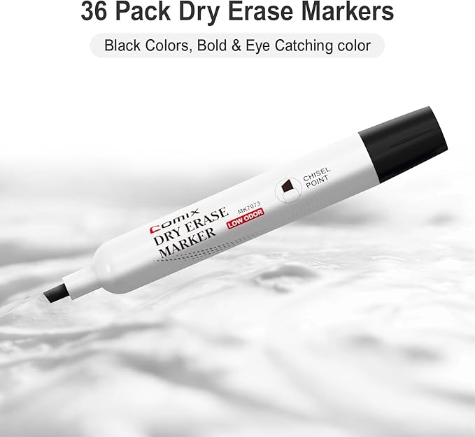 Comix Black Dry Erase Markers, Chisel Tip Whiteboard Markers, 36 Bulk Black Colors Low Odor Markers for Classroom, Teachers, Office, School Supplies