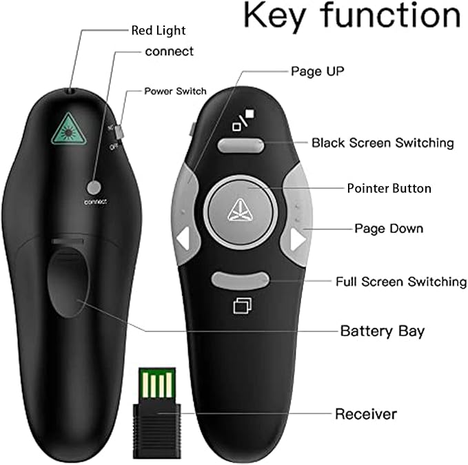 QUI Presentation Clicker Wireless Presenter Remote Clicker for PowerPoint Presentation Remote, PowerPoint Slide Advancer for Mac/Windows/Linux, Google Slide/PPT/Keynote, USB A, Black