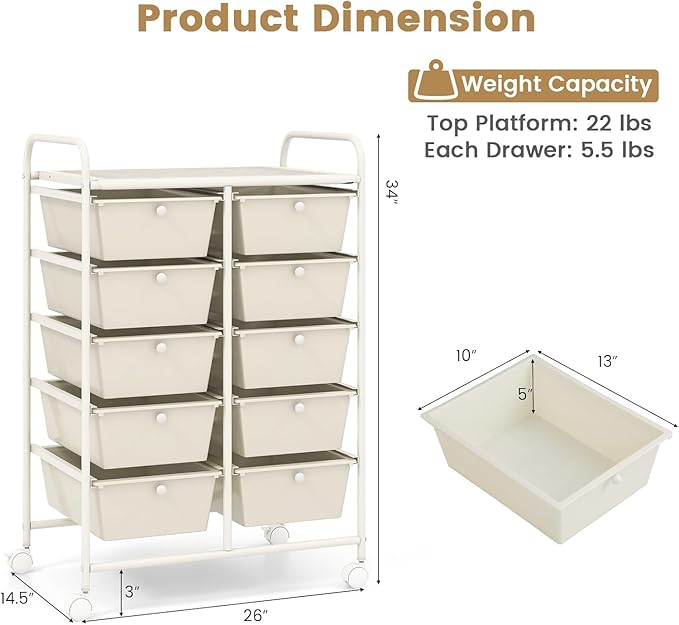 LDAILY 10 Drawer Rolling Cart, Storage Cart Organizer on Wheels, Drawer Cart with Metal Frame & Large Storage Capacity, Rolling Cart with Drawers for Living Room Classroom, Office